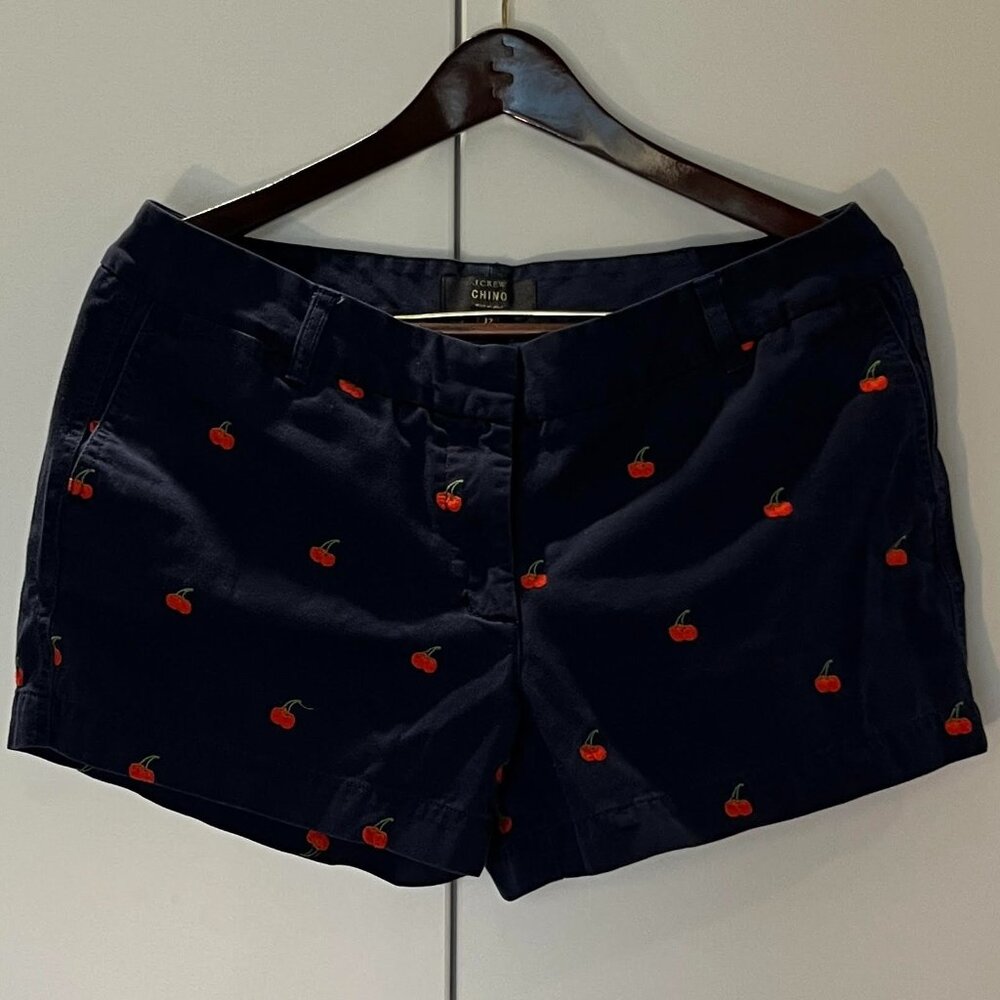 J Crew Navy Blue Chino Shorts with Embroidered Cherries Size 12
